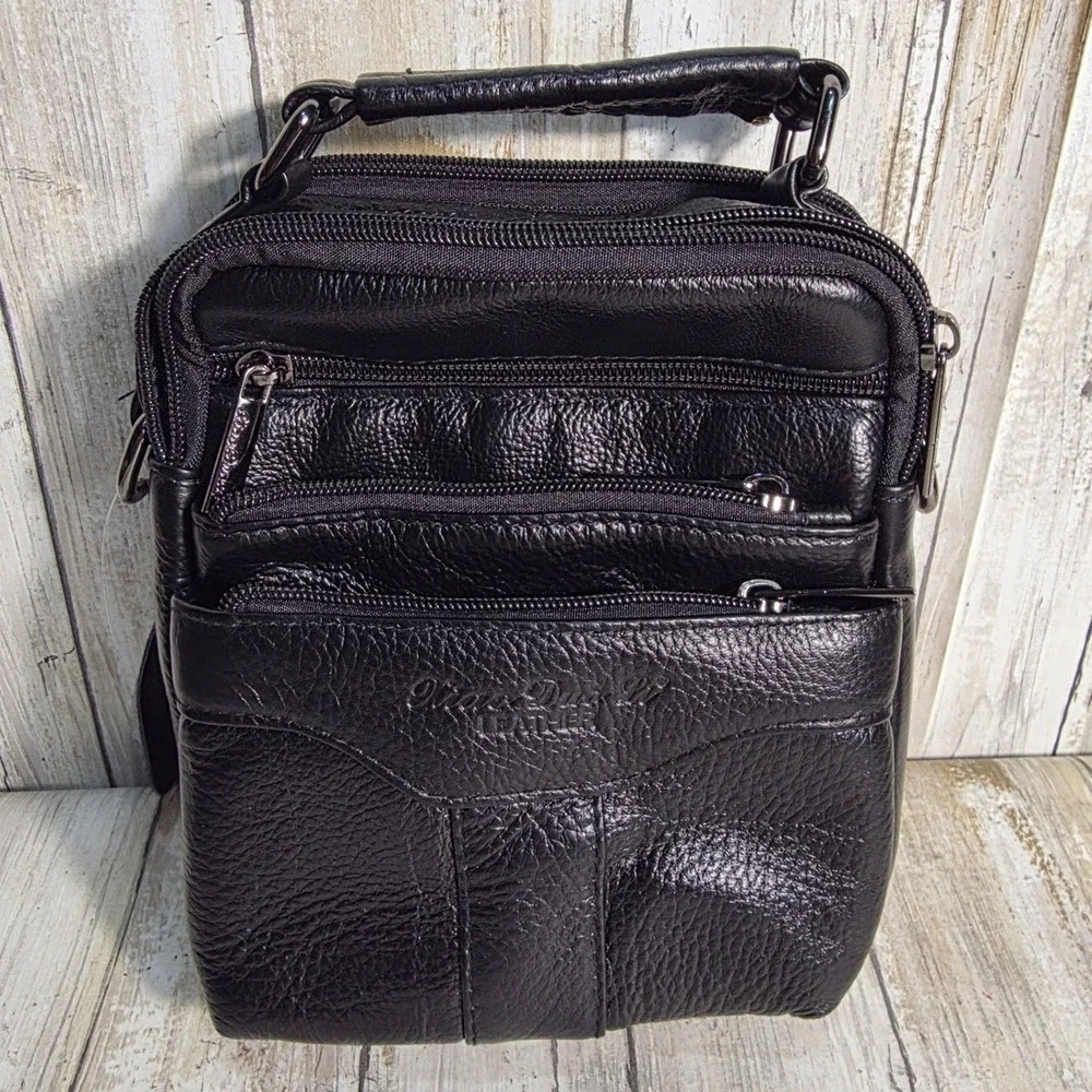Xiao Duo Li Black Genuine Leather Messenger Crossbody Bag Multi Pocket Travel